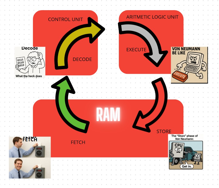 Diagrama del ciclo de instrucción (UC, ALU, IR, PC)